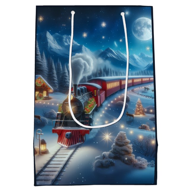 Magical Snowy Christmas Train Winter Scene Medium Gift Bag (Back)