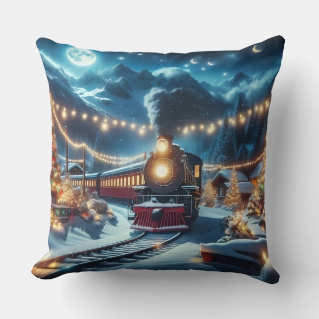 Magical Snowy Christmas Train Winter Scene Throw Pillow (Front)