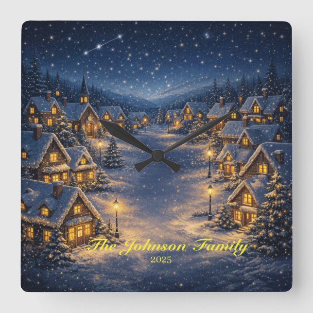 Magical Snowy Christmas village at night Square Wall Clock (Front)