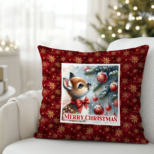 Magical snowy forest baby deer gift for kids room  throw pillow