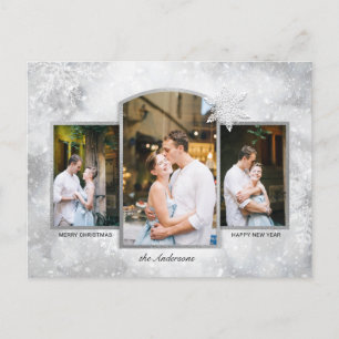 Magical Sparkly Silver Snowflakes 3-Photo  Holiday Postcard