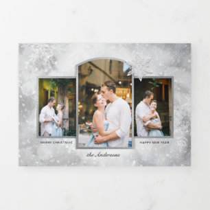 Magical Sparkly Silver Snowflakes 3-Photo  Tri-Fold Holiday Card