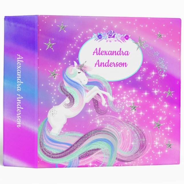 Magical Sparkly Stars Unicorn School 3 Ring Binder (Front/Spine)