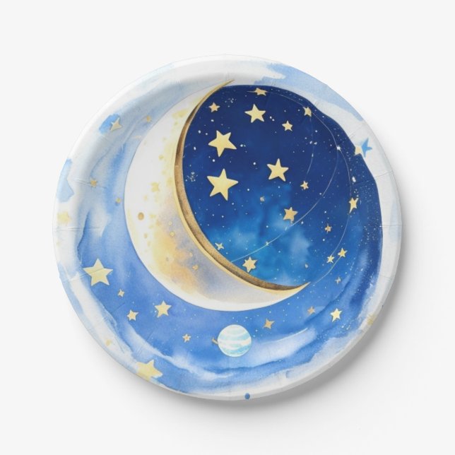 Magical Starry Night Boy Baby Shower Paper Plate (Front)