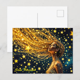 Magical starry portrait of gold fantasy woman postcard