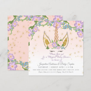 Magical Stars Baby Girl Shower Unicorn Horn Floral Invitation