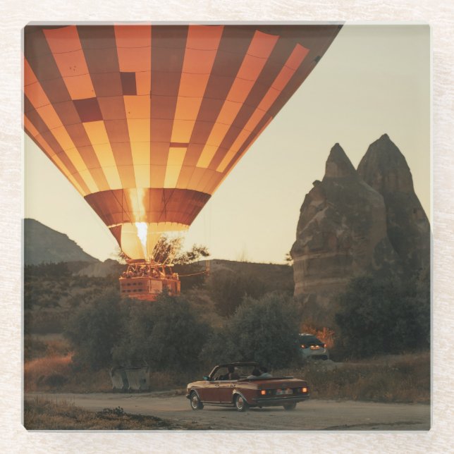 Magical Sunrise Hot Air Balloon View With Red Car Glass Coaster (Front)