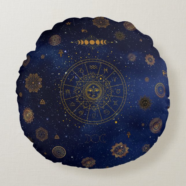 Magical Symbols of Protection Mandala Pagan Witch Round Pillow (Front)