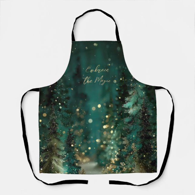 Magical Teal Green Forest Gold Bokeh Apron (Front)