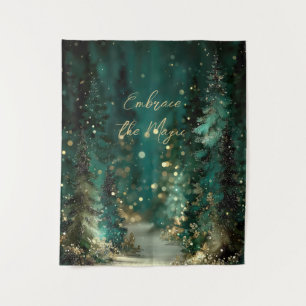 Magical Teal Green Forest Gold Bokeh Tapestry
