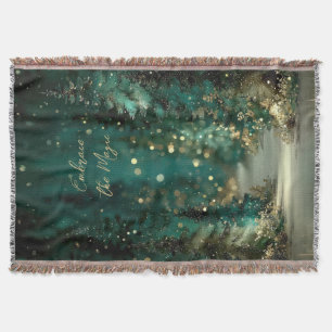 Magical Teal Green Forest Gold Bokeh Throw Blanket