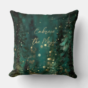 Magical Teal Green Forest Gold Bokeh Throw Pillow