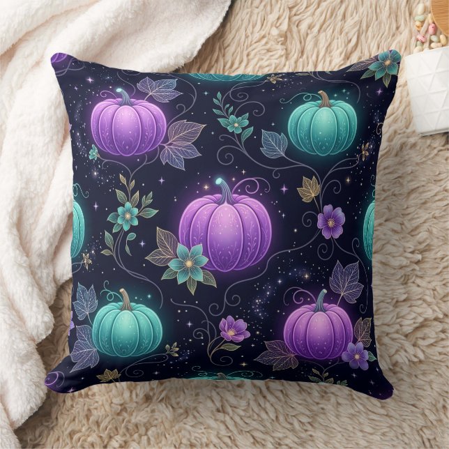 Magical Teal & Purple Galaxy Pumpkins Throw Pillow (Blanket)