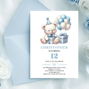 Magical teddy bear dusty blue boy birthday invite