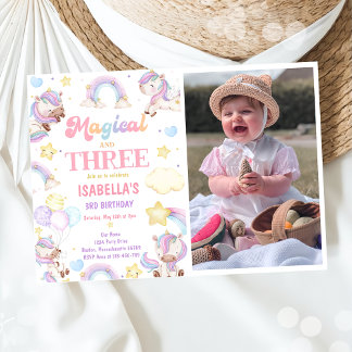  Magical Three Rainbow Unicorn 3rd Birthday Photo Invitation