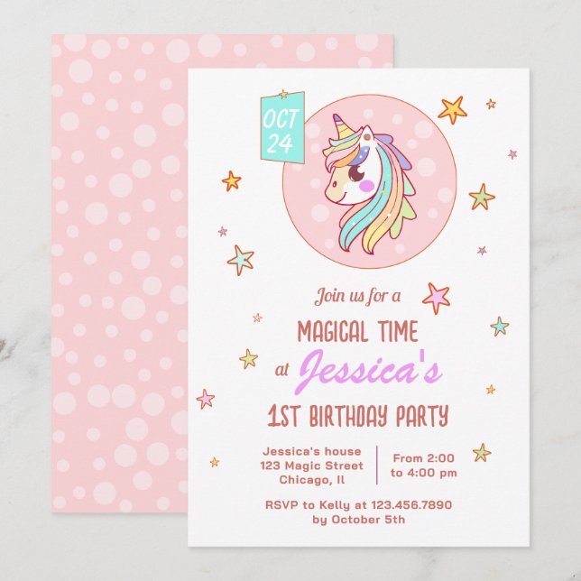 Magical Time Rainbow Baby Unicorn First Birthday Invitation (Front/Back)
