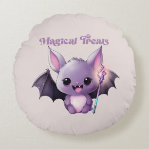Magical Treats – Cute Purple Bat Halloween Round Pillow
