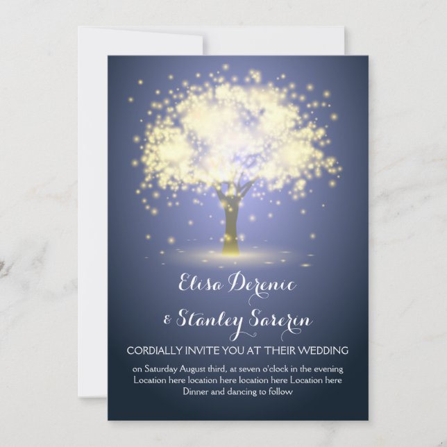 Magical tree 1, sparkling lights blue wedding invitation (Front)