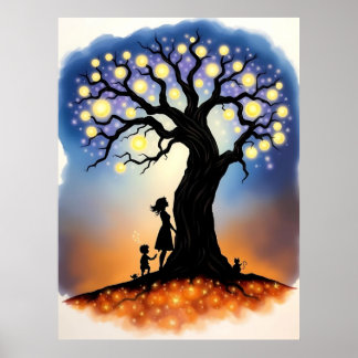 Magical Tree of Lights with Silhouettes Poster