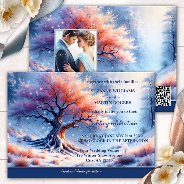 Magical Tree Winter Wedding Invitation (Winter wedding invitation featuring a painting of a tree with tiny snow flakes in winter wonderland)