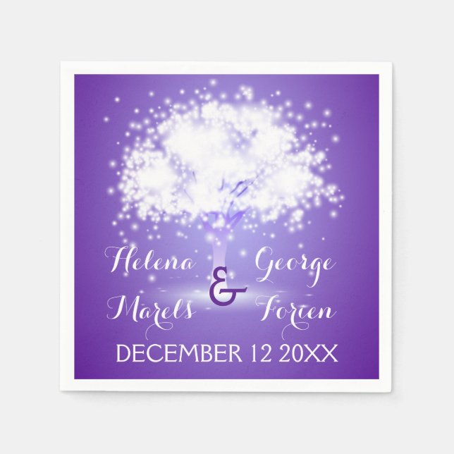 Magical tree with sparkling lights purple wedding napkin (Front)