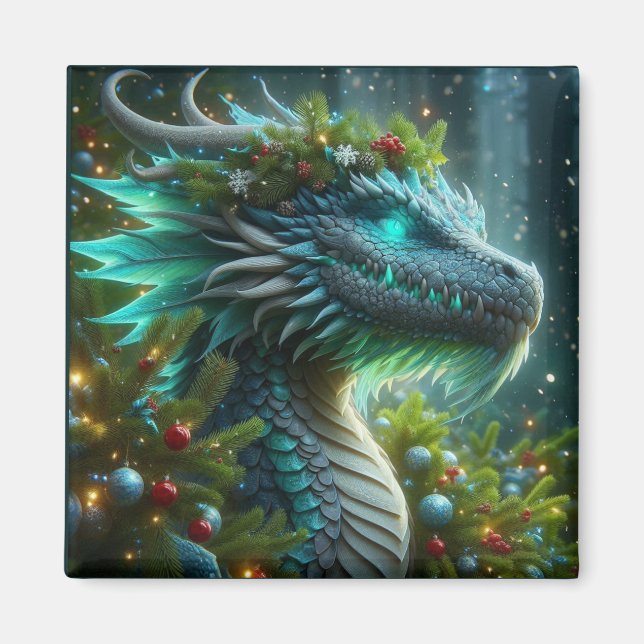 Magical Turquoise Christmas Dragon Magnet (Front)