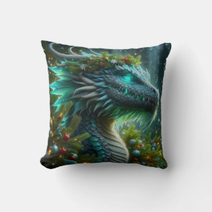 Magical Turquoise Christmas Dragon Throw Pillow