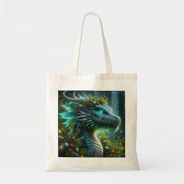 Magical Turquoise Christmas Dragon Tote Bag (Front)