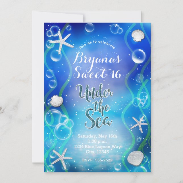 Magical Under The Sea Dark Blue Sweet 16 Birthday Invitation (Front)