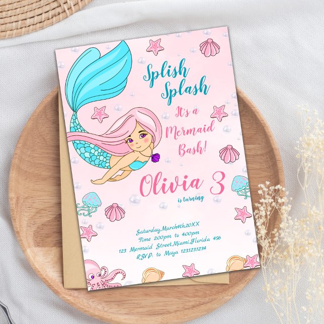 Magical Under the Sea Party Invite (Pink Mermaid Birthday Invitations)