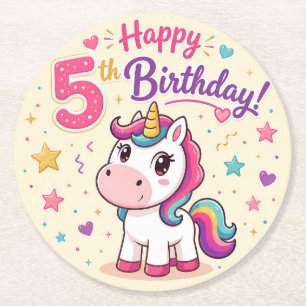Magical Unicorn 5th Birthday Celebration Round Paper Coaster