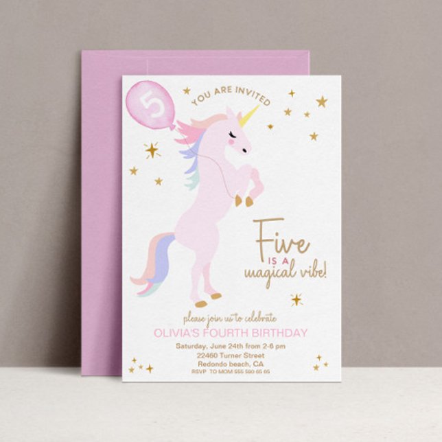 Magical Unicorn 5th Birthday Invitation pink (Pink Unicorn 5th birthday invitation - Five is a vibe)