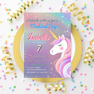 Magical Unicorn 7th Birthday Pastel Rainbow Theme Invitation