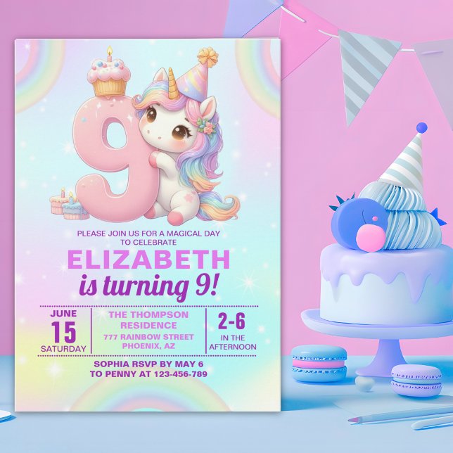 Magical Unicorn 9th Birthday for Girls Invitation (Creator Uploaded)