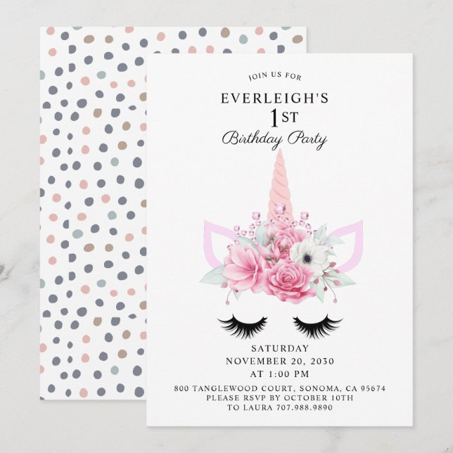 Magical Unicorn And Floral 1st Birthday Party Invitation (Front/Back)