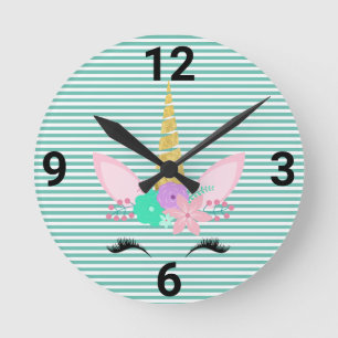MAGICAL UNICORN AQUA GREEN STRIPE WALL CLOCK