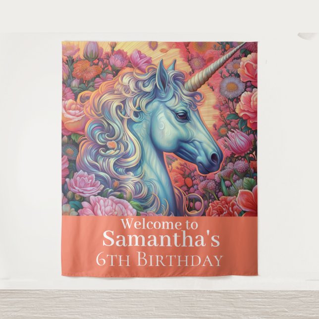Magical Unicorn birthday backdrop Tapestry (Front)