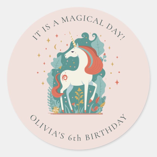 Magical Unicorn Birthday Classic Round Sticker (Front)
