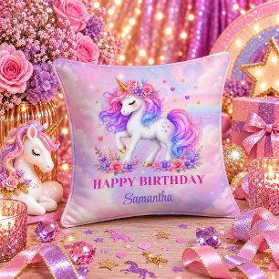 Magical Unicorn Birthday Girl Colourful Dream Pill Throw Pillow