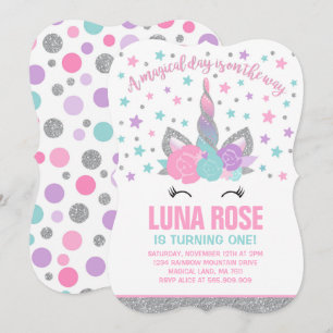 Magical Unicorn Birthday Invitation Pink & Silver