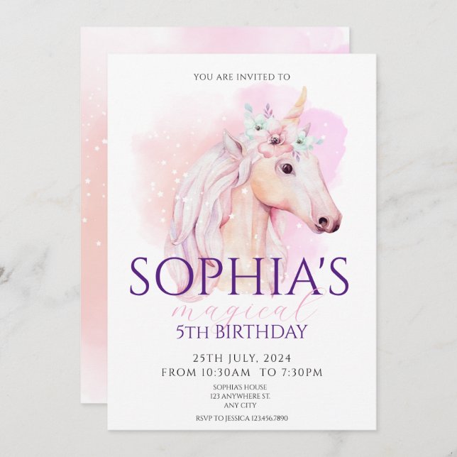 Magical Unicorn Birthday Invitation Rainbow  (Front/Back)