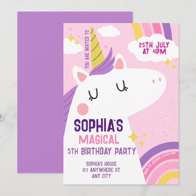 Magical Unicorn Birthday Invitation Rainbow  (Front/Back)