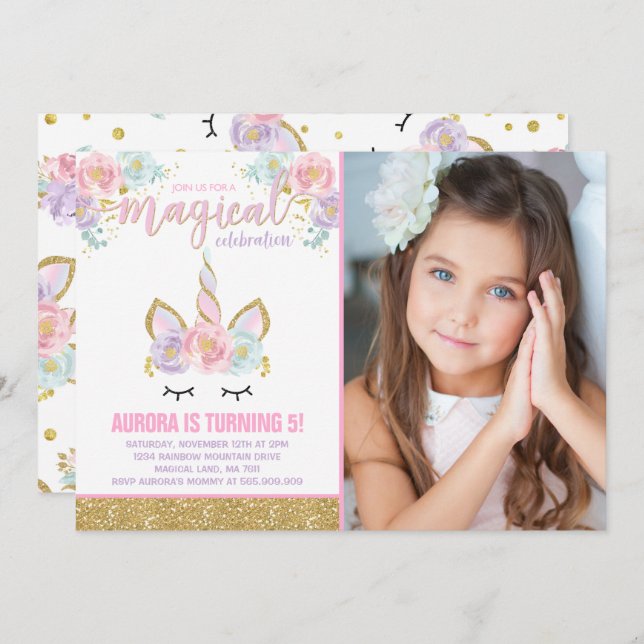 Magical Unicorn Birthday Invitation Unicorn Party (Front/Back)