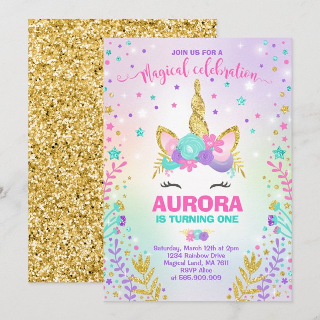 Magical Unicorn Birthday Invitation Unicorn Party (Front/Back)