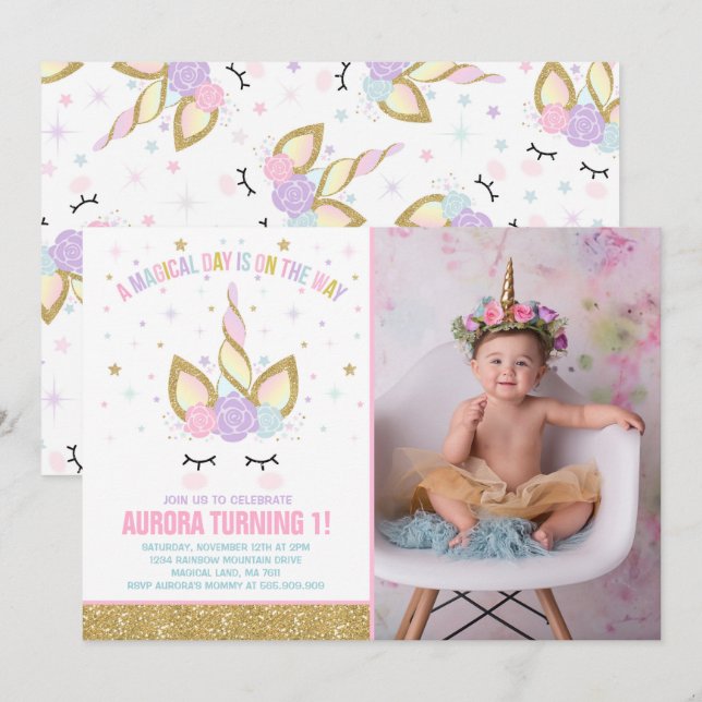 Magical Unicorn Birthday Invitation Unicorn Party (Front/Back)