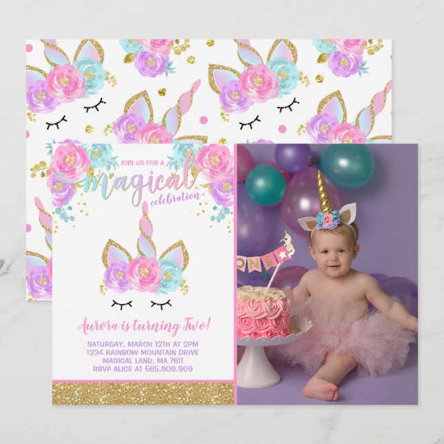 Magical Unicorn Birthday Invitation Unicorn Party (Front/Back)