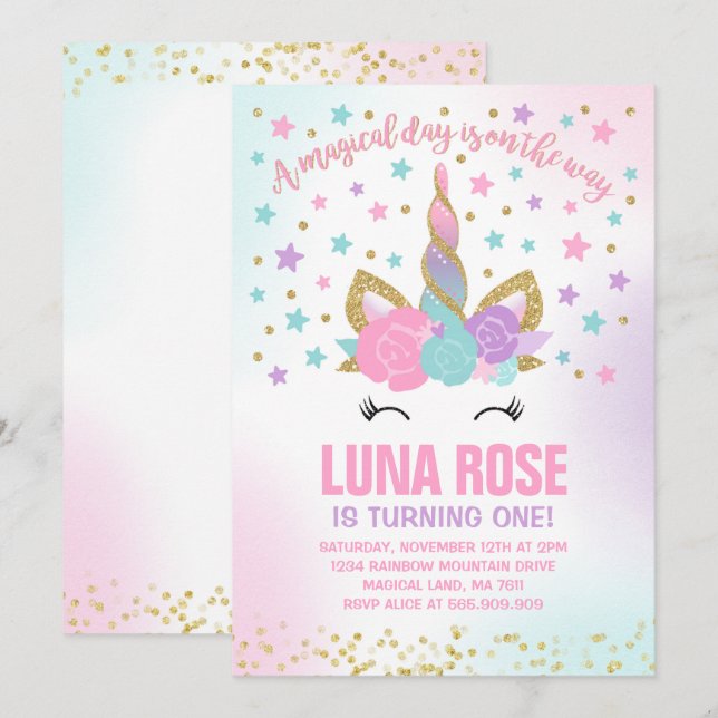 Magical Unicorn Birthday Invitation Unicorn Party (Front/Back)