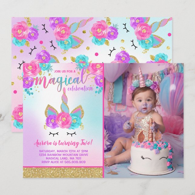 Magical Unicorn Birthday Invitation Unicorn Party (Front/Back)