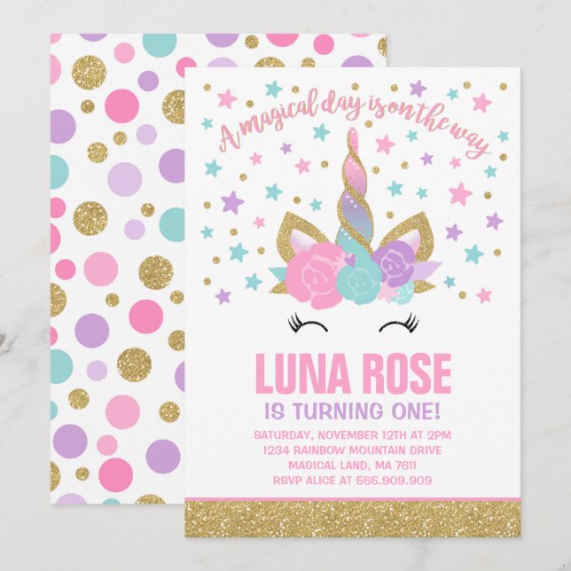 Magical Unicorn Birthday Invitation Unicorn Party (Front/Back)