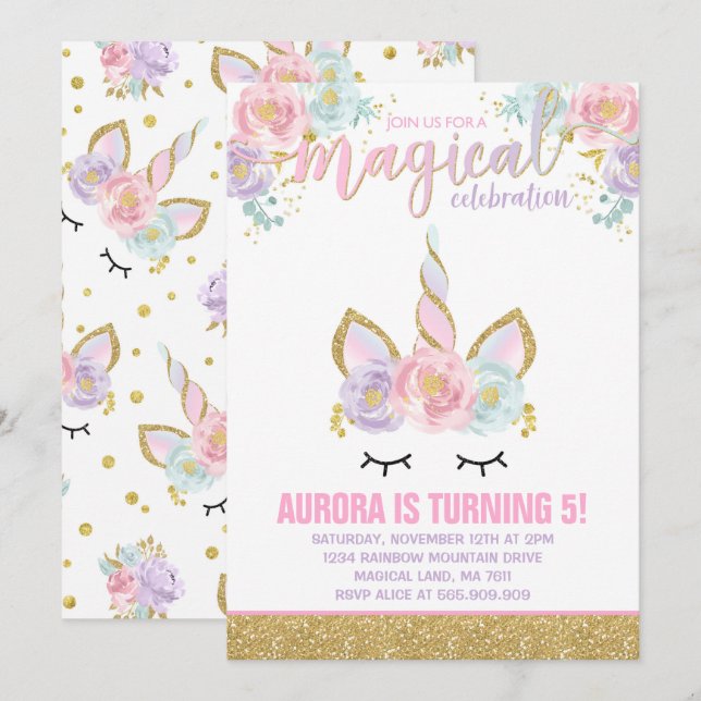 Magical Unicorn Birthday Invitation Unicorn Party (Front/Back)